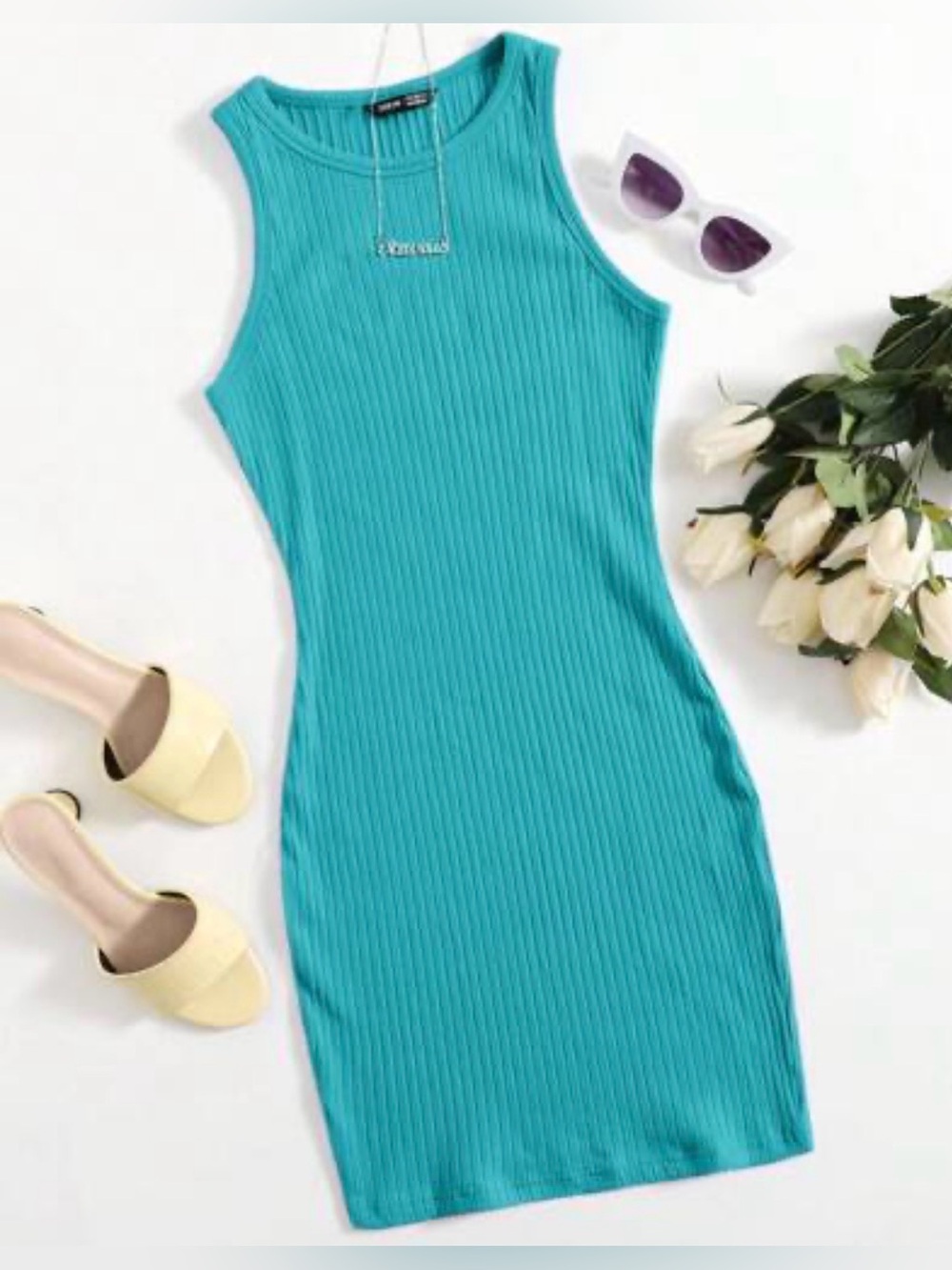Ocean Drive Sleeveless Ribbed Mini Dress in Aqua - Picture 3 of 5